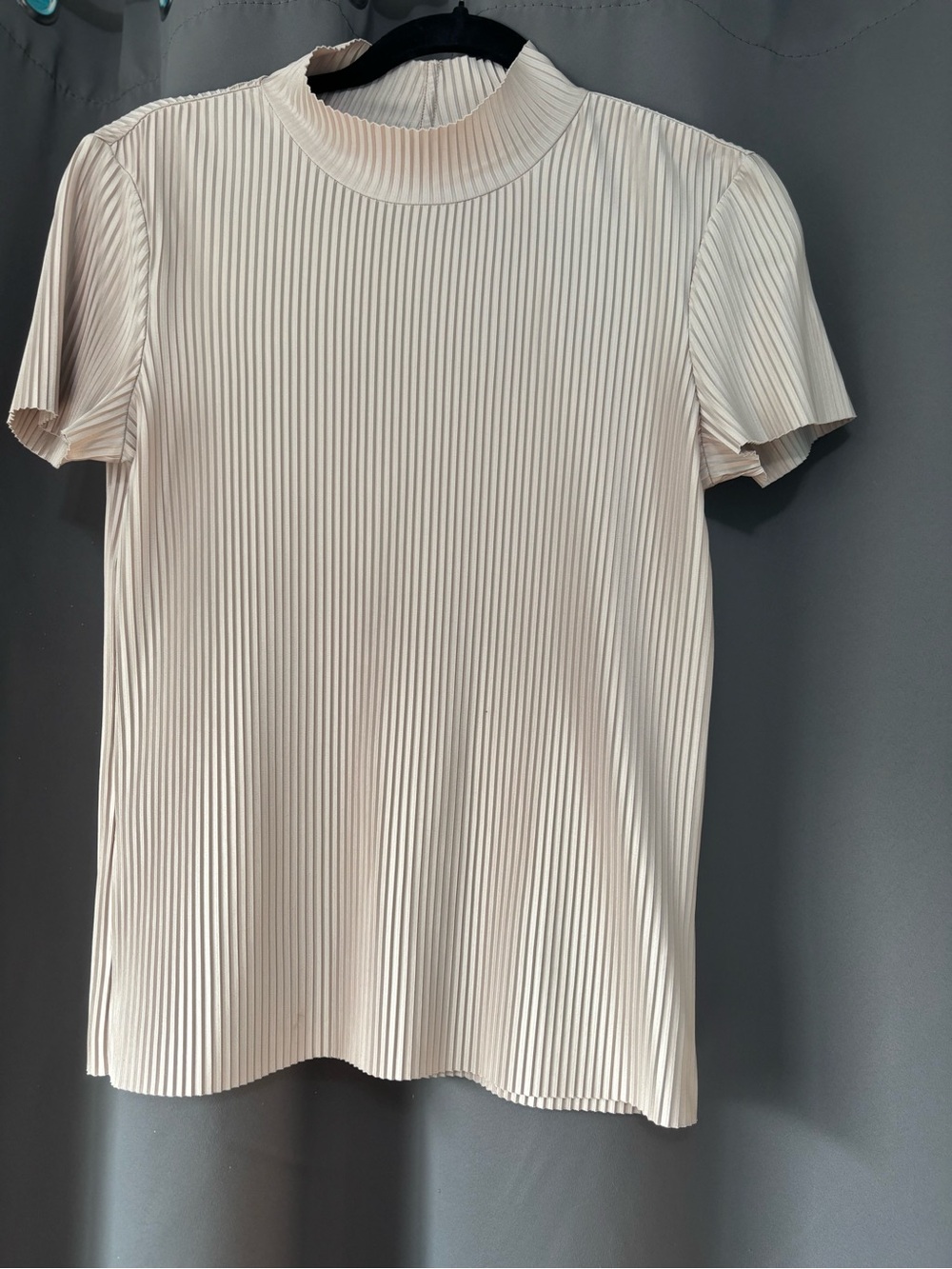Calvin Klein Pleated Short Sleeve Mock Neck Top in Light Beige